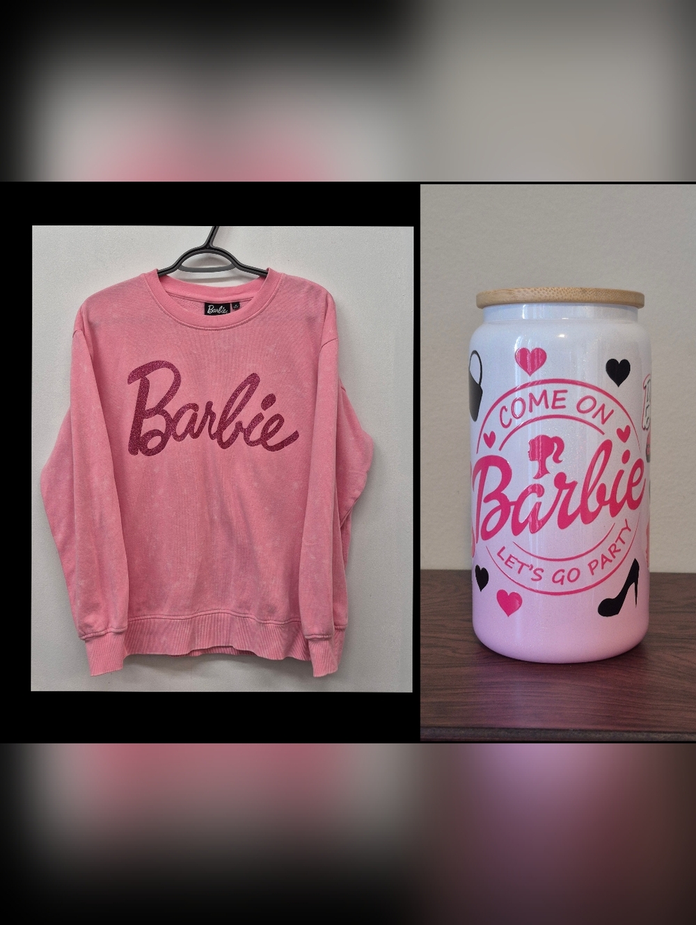 Barbie Pink White Tie-dye Glitter Logo Sweatshirt ➕️ Glass Tumbler Lid Straw